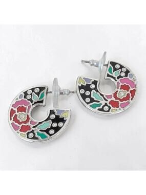 Brighton Meadow Art Enamel Hoop Earrings Colorful Floral Silver Plated Post Back